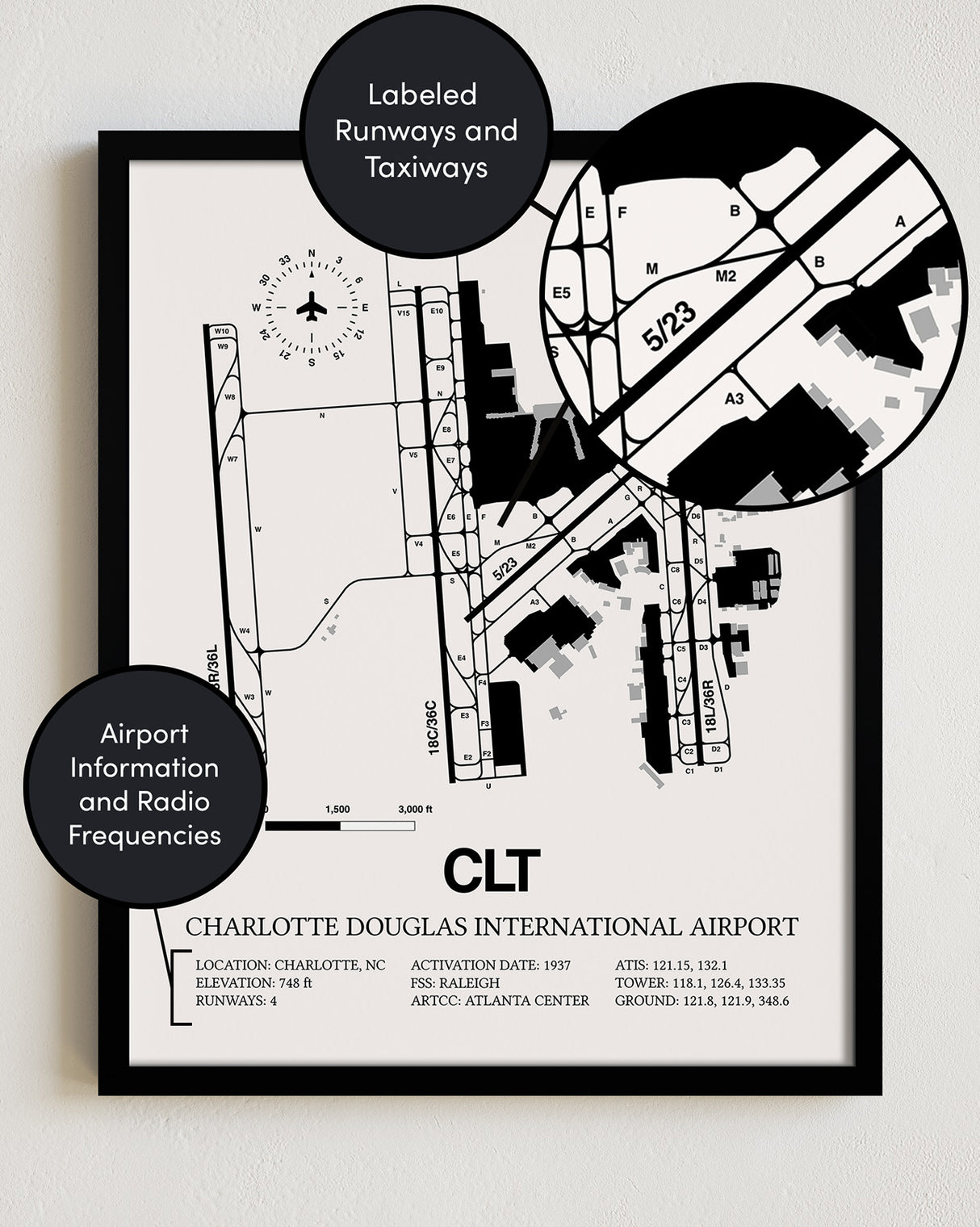 Framed Detailed Airport Map of Charlotte Douglas International Airport (CLT) in White with a Black Frame