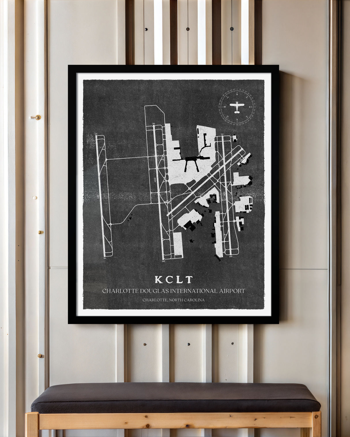 CLT Airport Map, Vintage Style, Charlotte Douglas International Airport Print