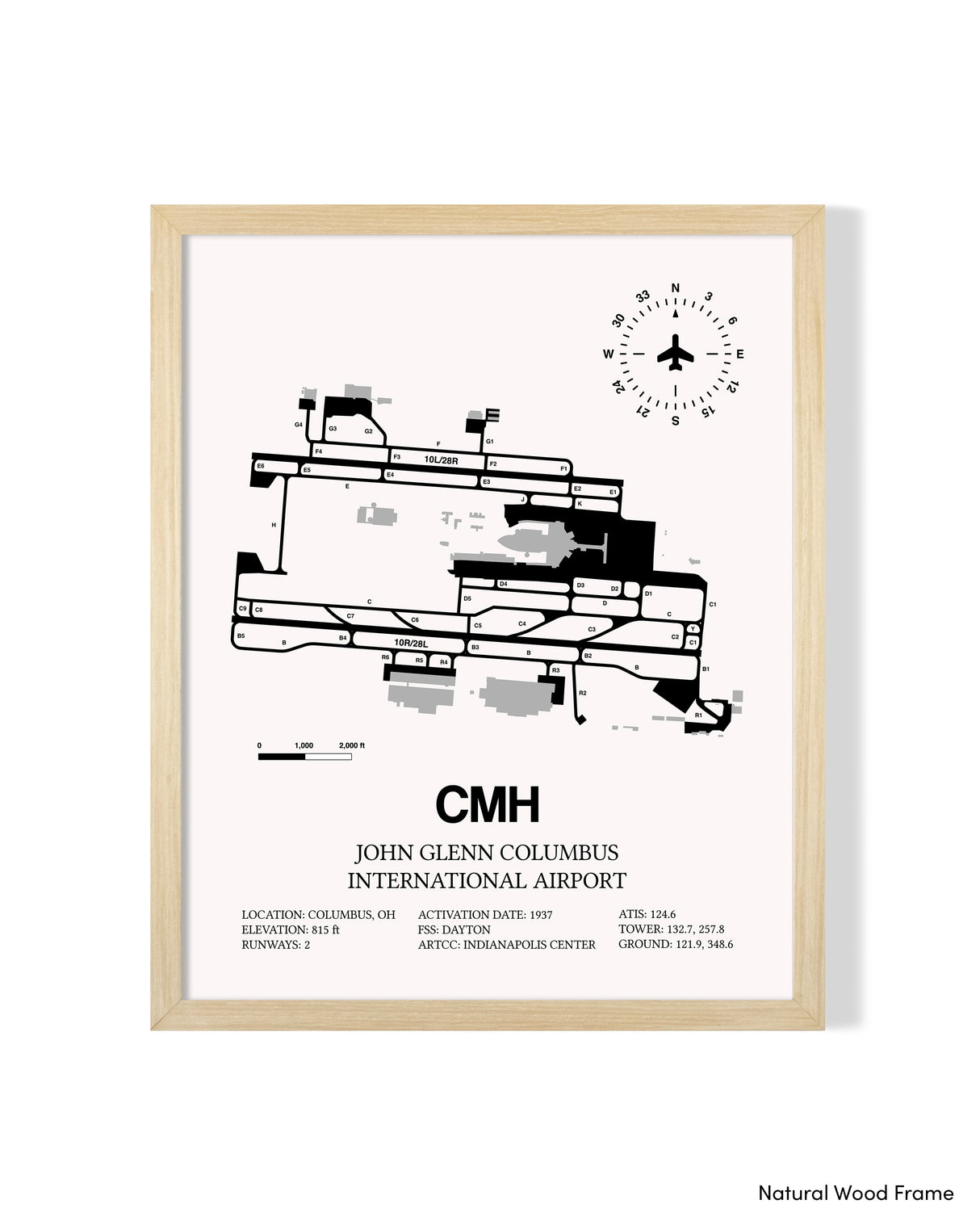 Detailed Airport Map of John Glenn Columbus International Airport (CMH) in White with a Natural Frame