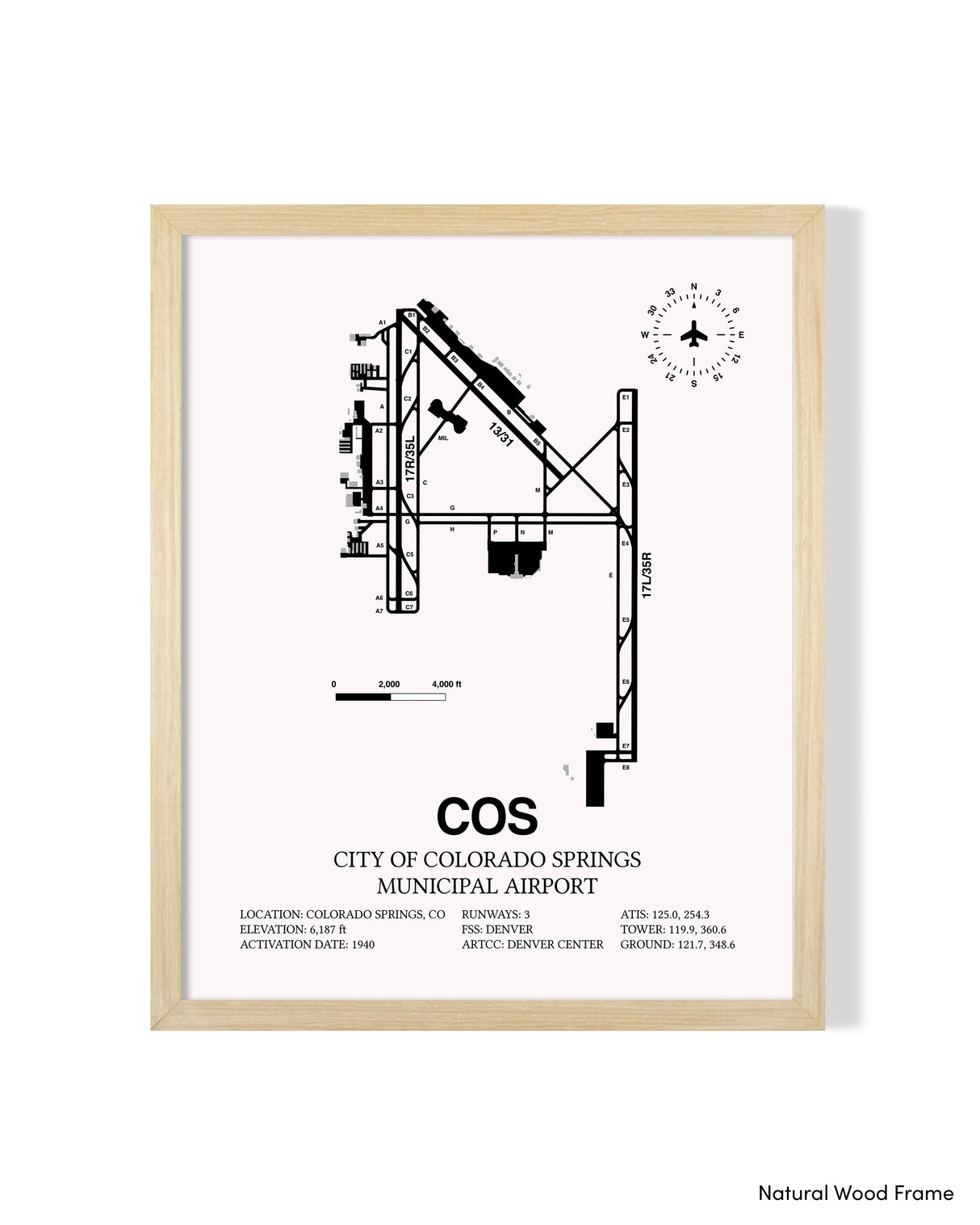 Detailed Airport Map of City of Colorado Springs Municipal Airport (COS) in White with a Natural Frame