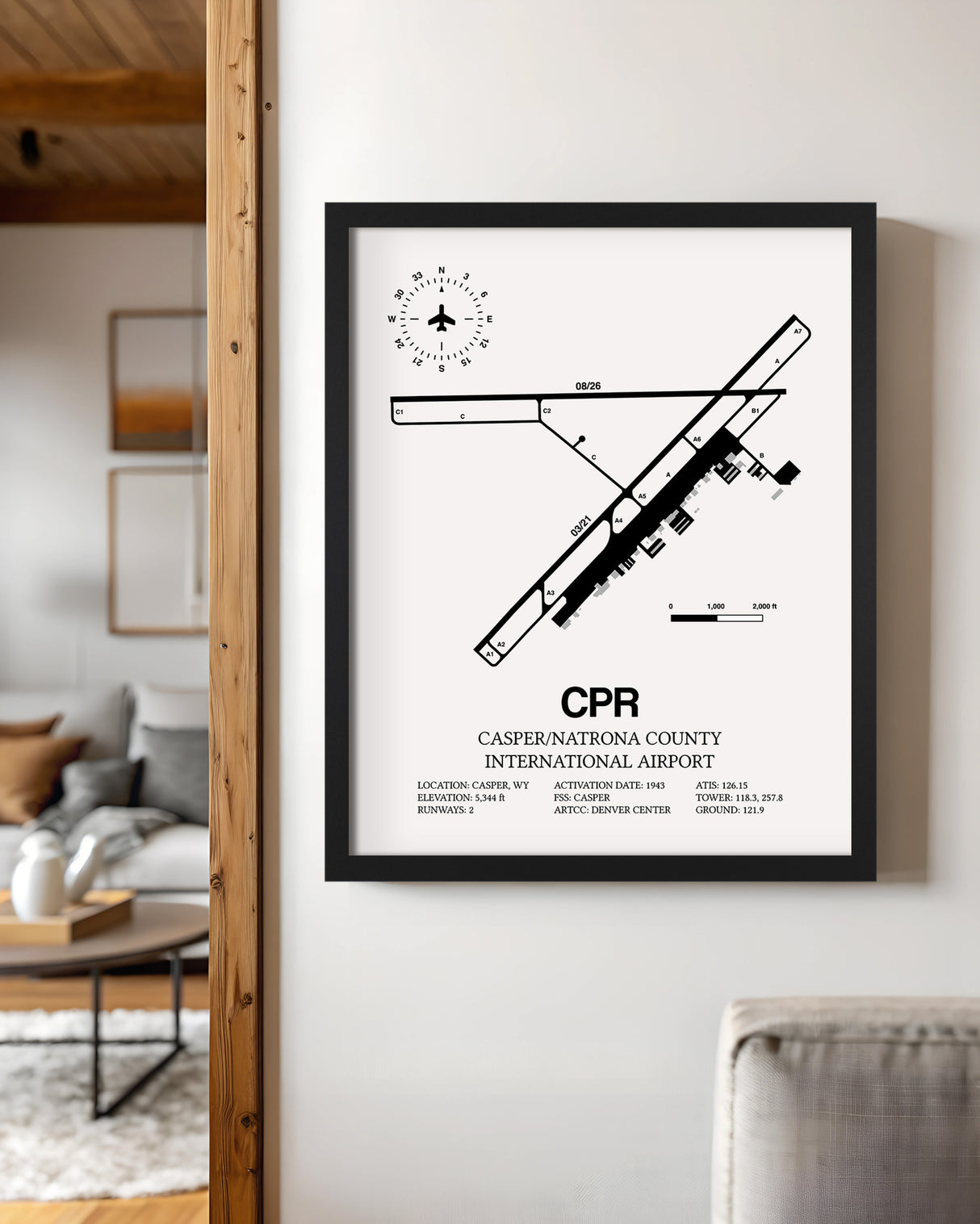 Framed Detailed Airport Map of Casper/Natrona County International Airport (CPR) in White with a Black Frame