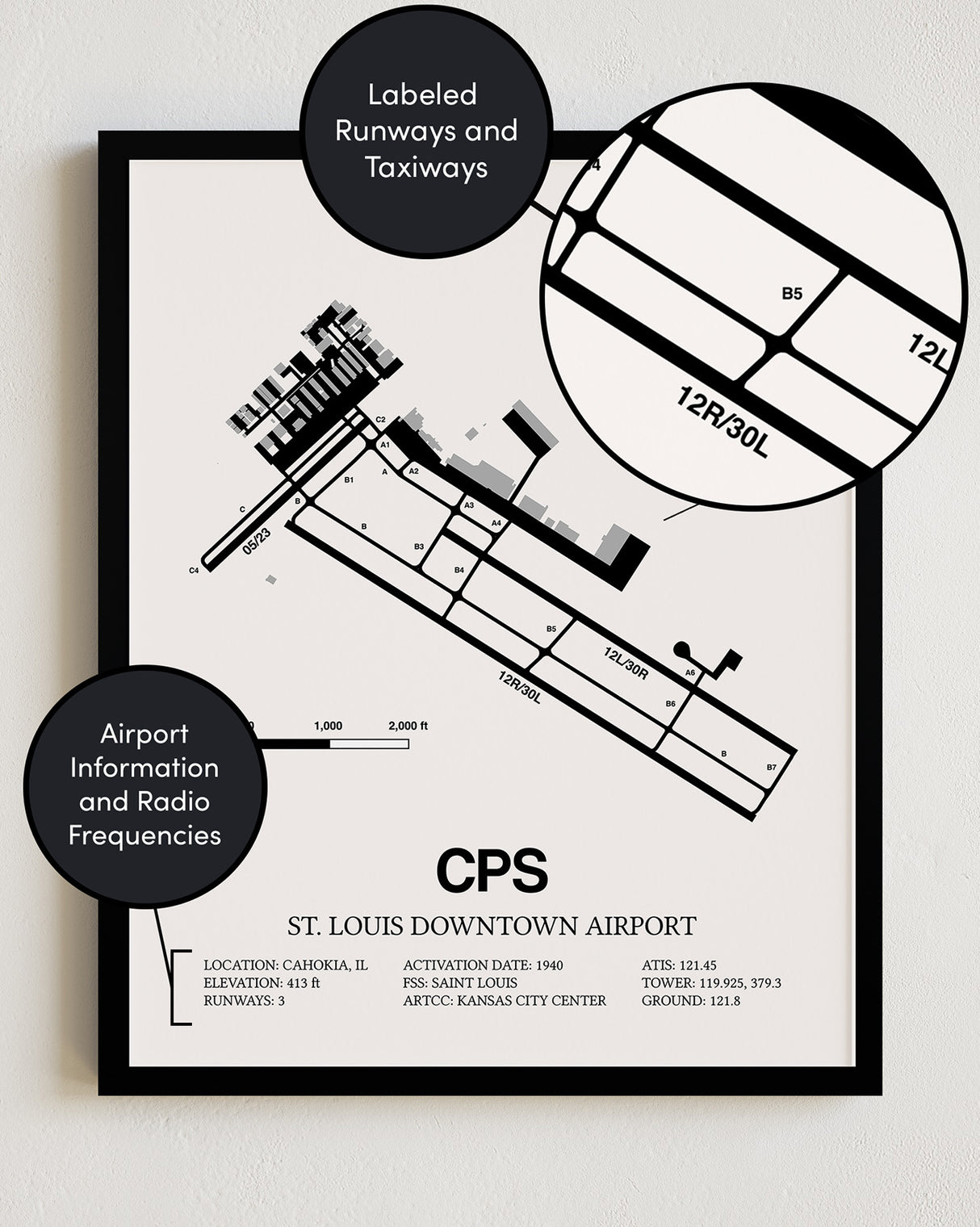 Framed Detailed Airport Map of St. Louis Downtown Airport (CPS) in White with a Black Frame