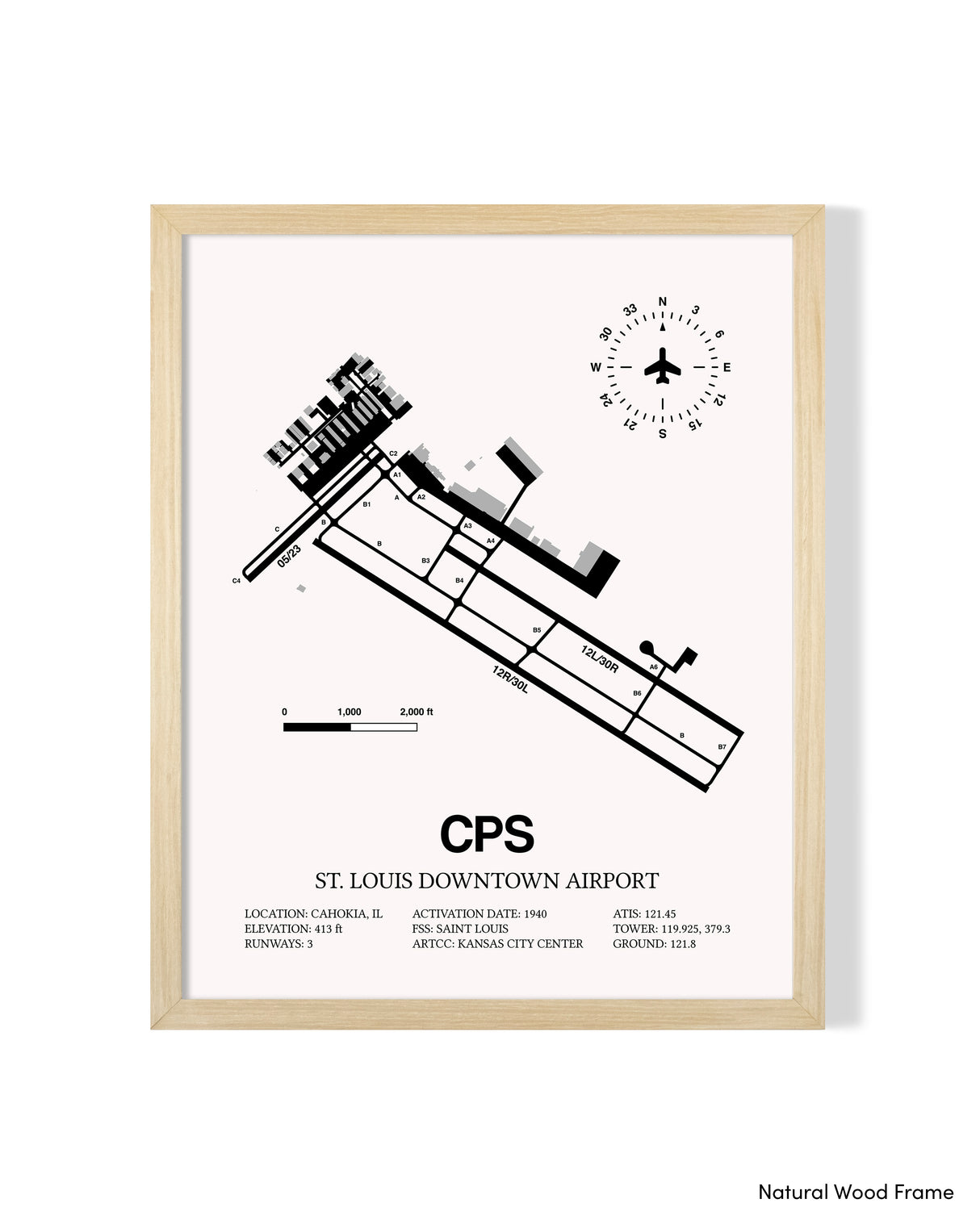 Detailed Airport Map of St. Louis Downtown Airport (CPS) in White with a Natural Frame
