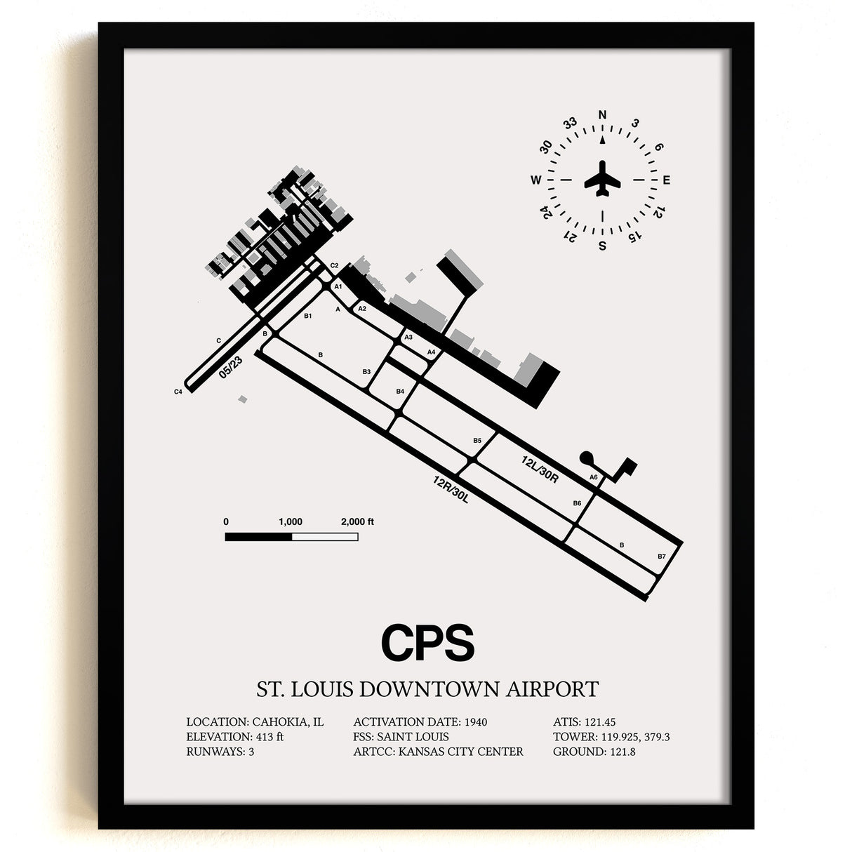Framed Detailed Airport Map of St. Louis Downtown Airport (CPS) in White with a Black Frame