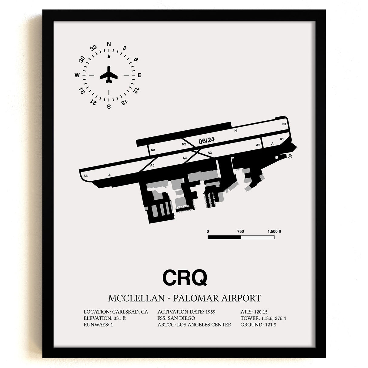 Framed Detailed Airport Map of McClellan-Palomar Airport (CRQ) in White with a Black Frame