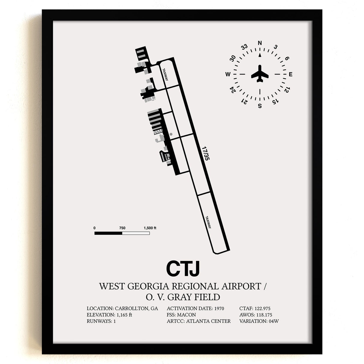 Framed Detailed Airport Map of West Georgia Regional Airport/O. V. Gray Field (CTJ) in White with a Black Frame
