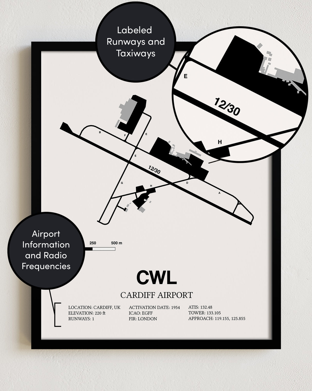 Framed Detailed Airport Map of Cardiff Airport (CWL) in White with a Black Frame