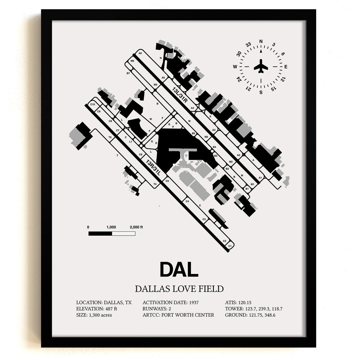 Framed Detailed Airport Map of Dallas Love Field (DAL) in White with a Black Frame