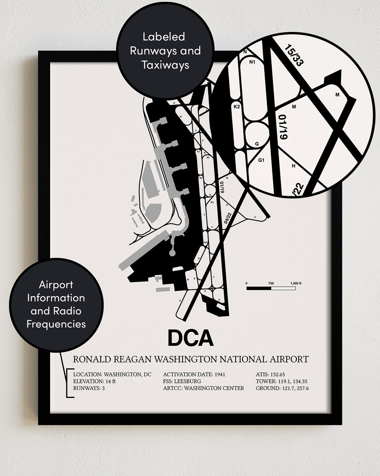 Framed Detailed Airport Map of Ronald Reagan Washington National Airport (DCA) in White with a Black Frame