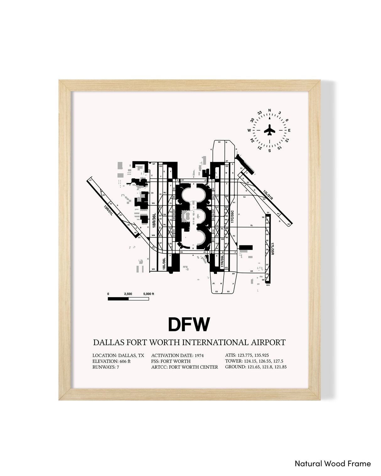 Detailed Airport Map of Dallas-Fort Worth International Airport (DFW) in White with a Natural Frame
