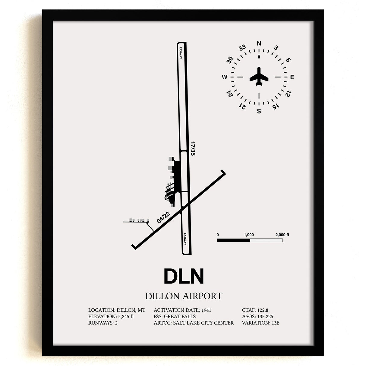 Framed Detailed Airport Map of Dillon Airport (DLN) in White with a Black Frame