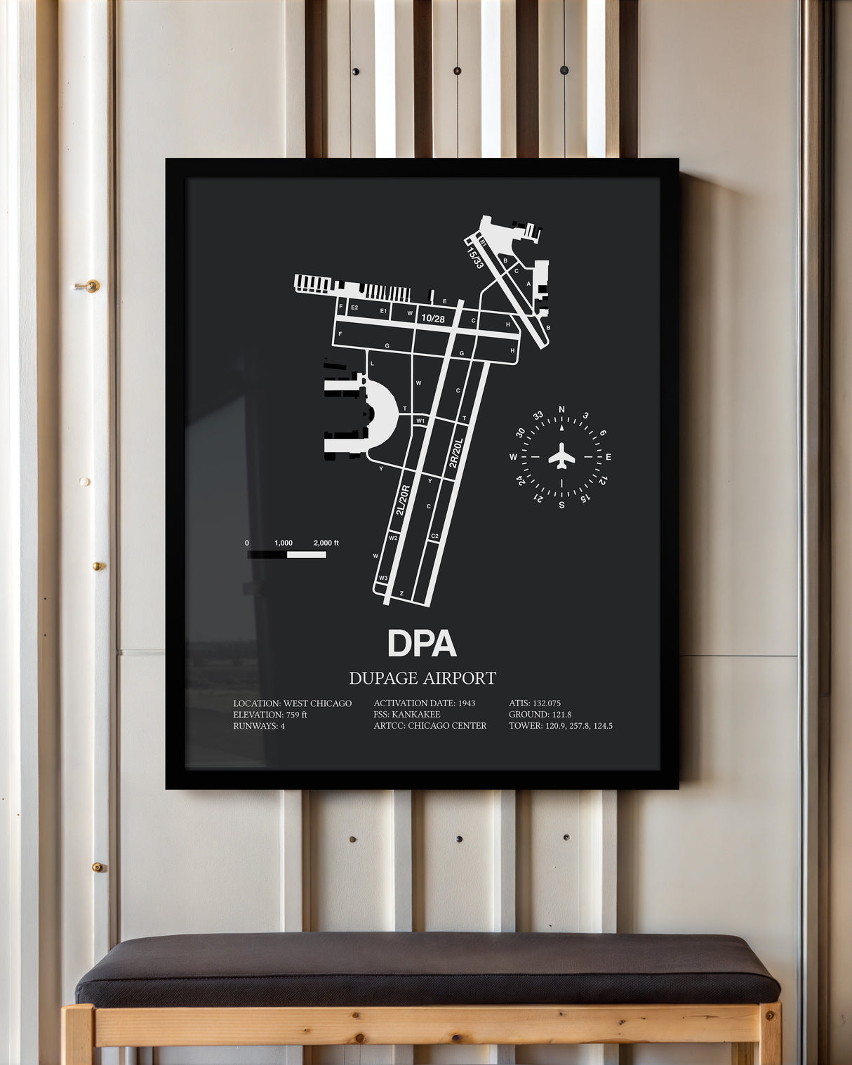 Framed Detailed Airport Map of Dupage Airport (DPA) in Gray with a Black Frame