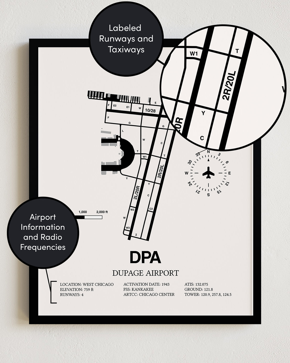 Framed Detailed Airport Map of Dupage Airport (DPA) in White with a Black Frame