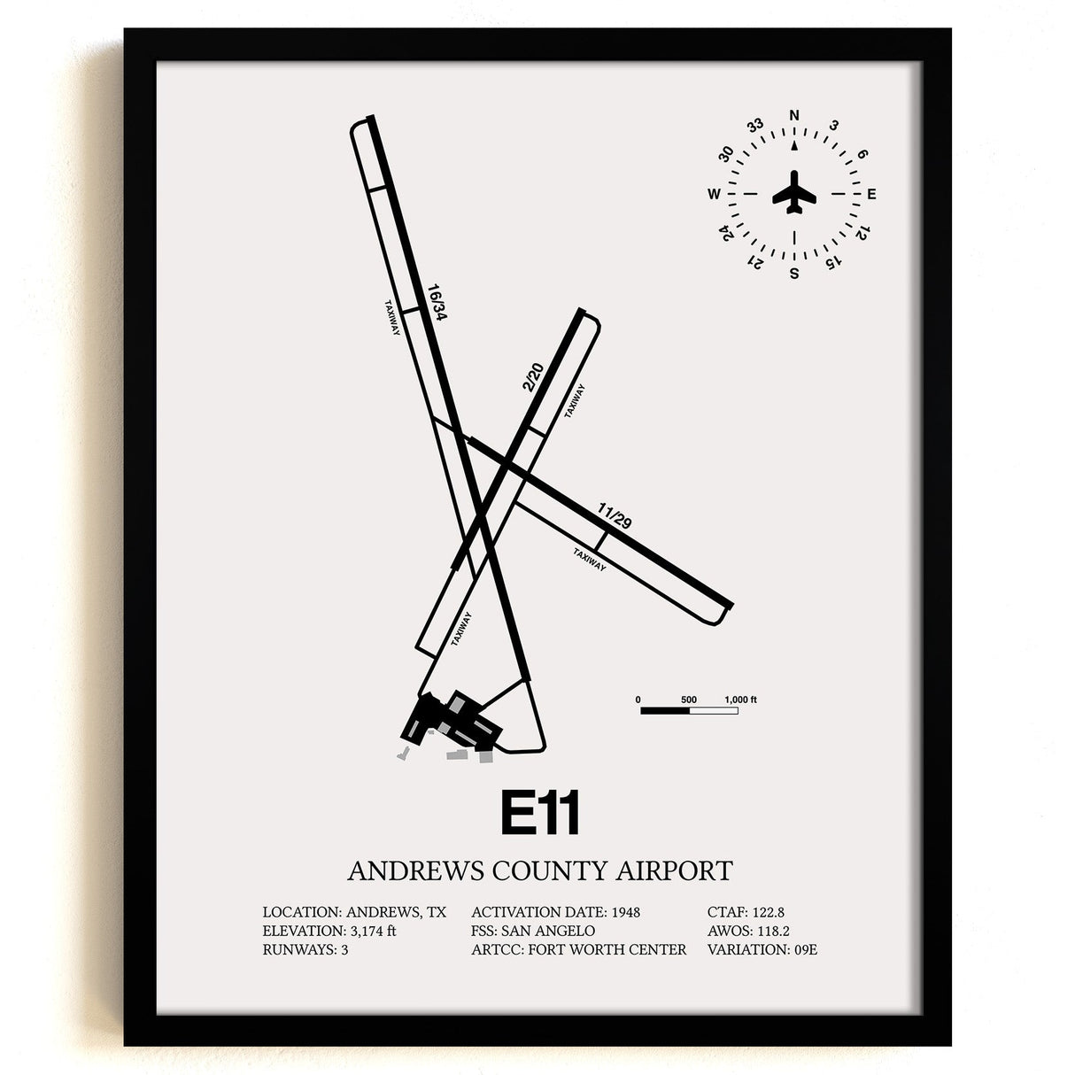 Framed Detailed Airport Map of Andrews County Airport (E11) in White with a Black Frame