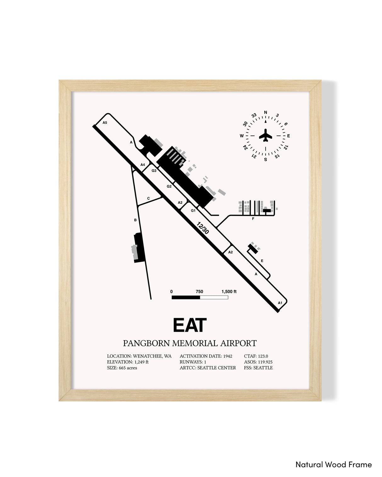 Detailed Airport Map of Pangborn Memorial Airport (EAT) in White with a Natural Frame