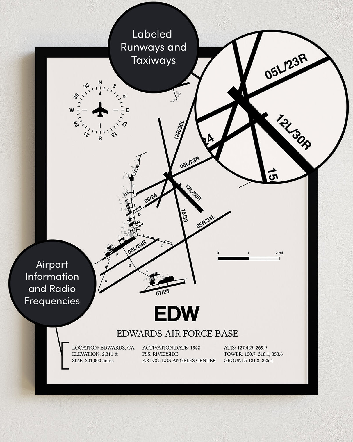 Framed Detailed Airport Map of Edwards Air Force Base (EDW) in White with a Black Frame