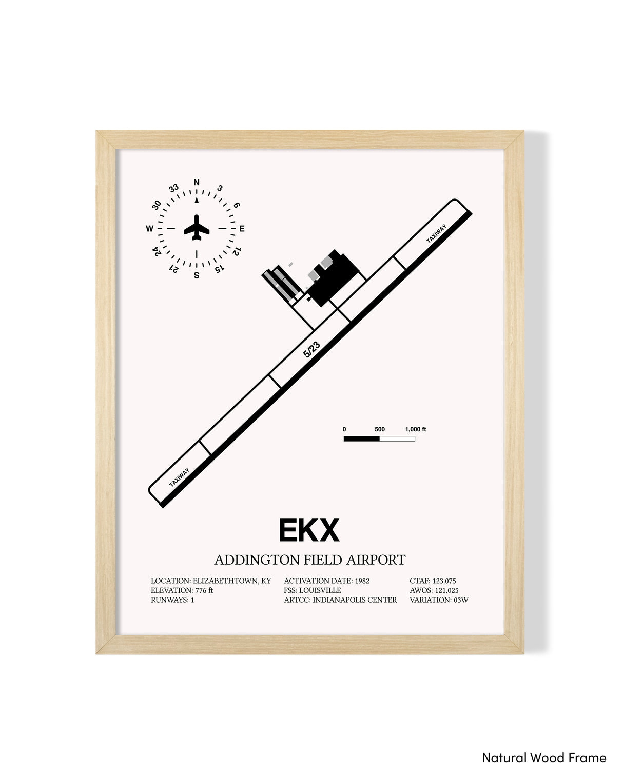 Detailed Airport Map of Addington Field Airport (EKX) in White with a Natural Frame