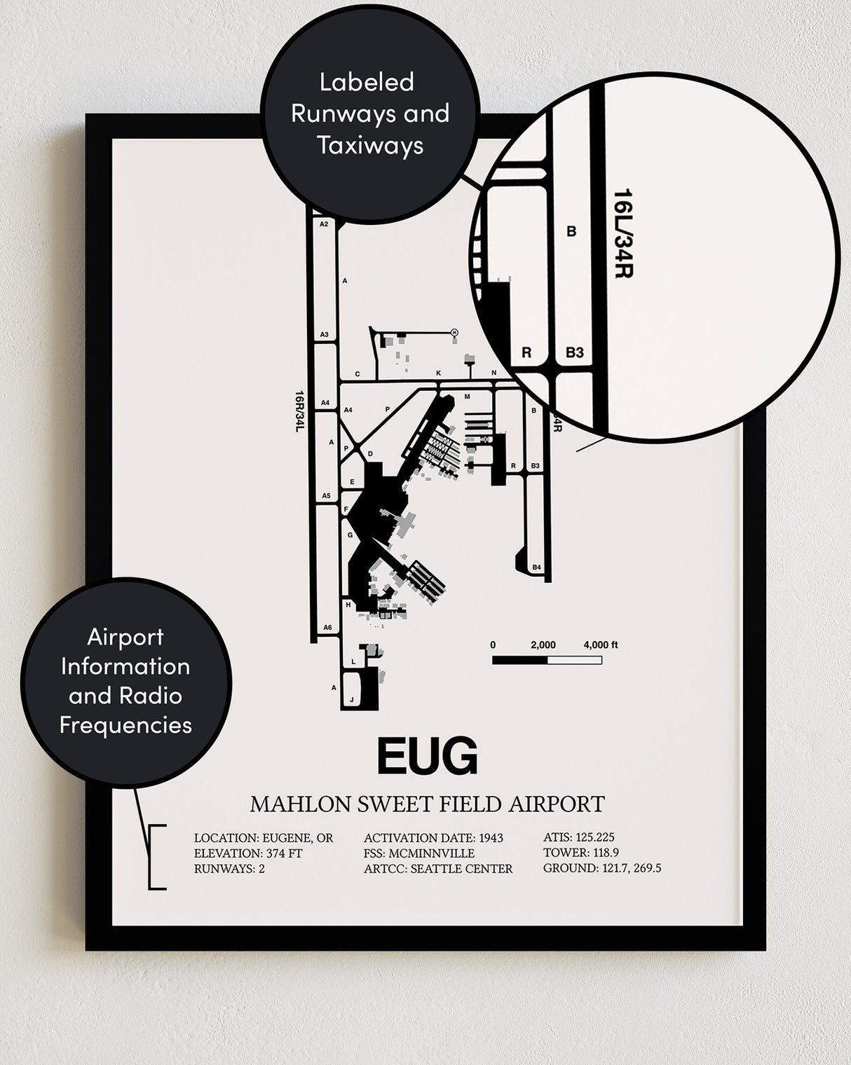 Framed Detailed Airport Map of Mahlon Sweet Field Airport (EUG) in White with a Black Frame