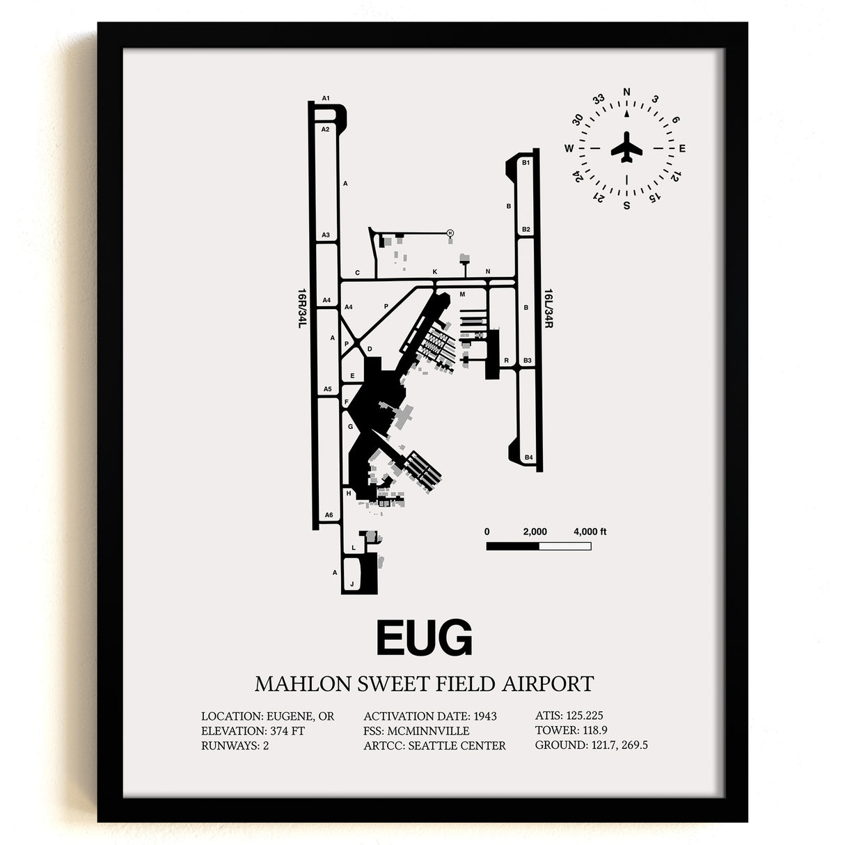 Framed Detailed Airport Map of Mahlon Sweet Field Airport (EUG) in White with a Black Frame