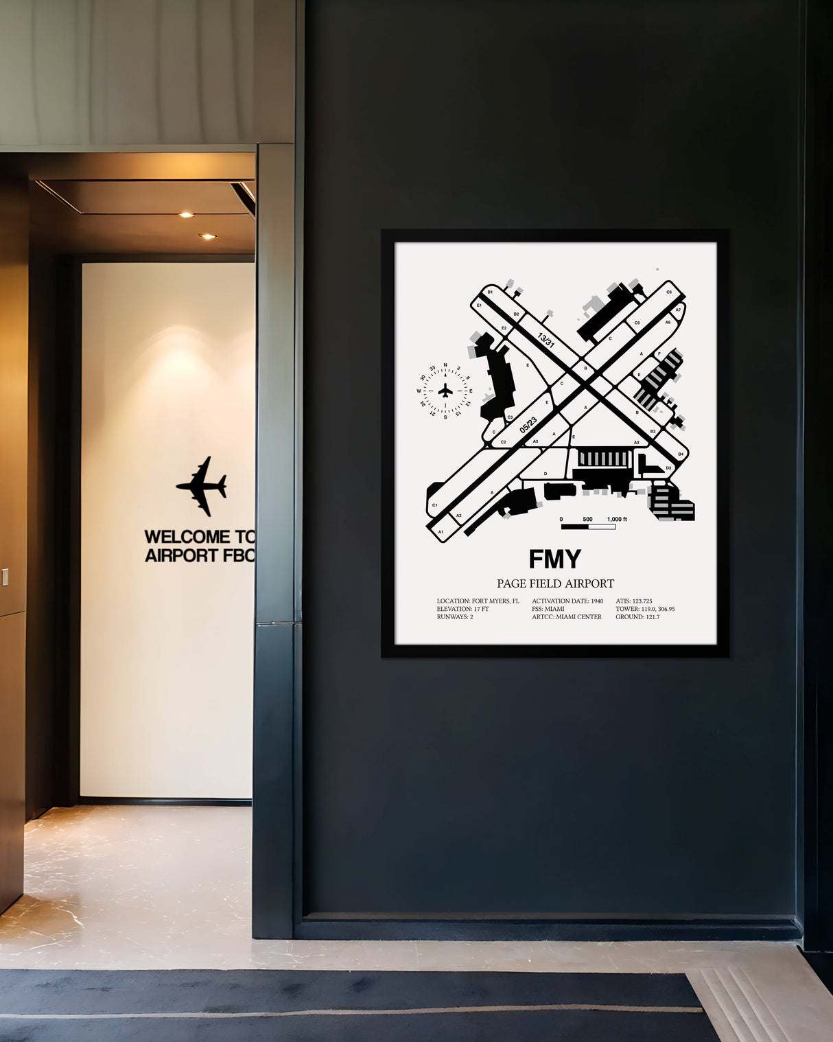 Framed Detailed Airport Map of Page Field (FMY) in White with a Black Frame