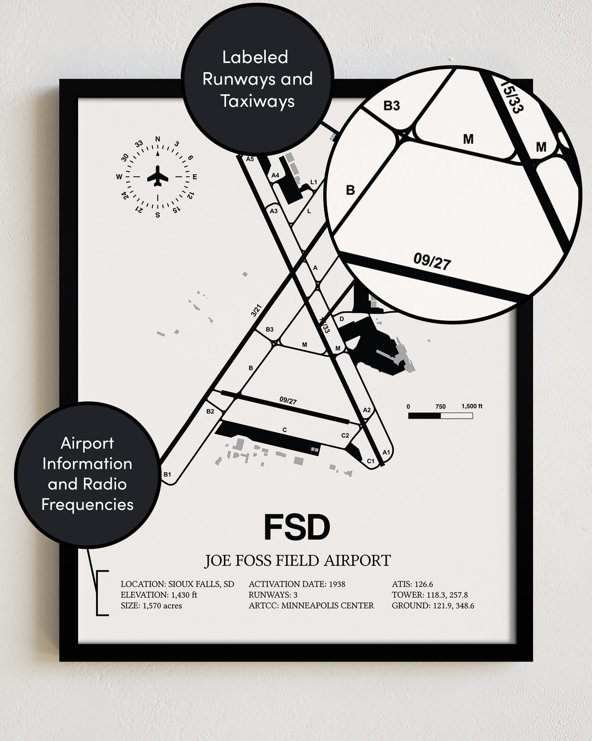 Framed Detailed Airport Map of Joe Foss Field Airport (FSD) in White with a Black Frame