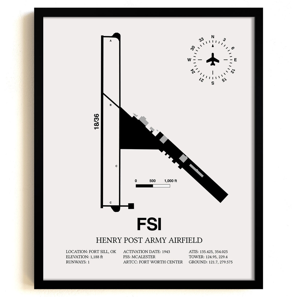 Framed Detailed Airport Map of Henry Post Army Air Field (FSI) in White with a Black Frame