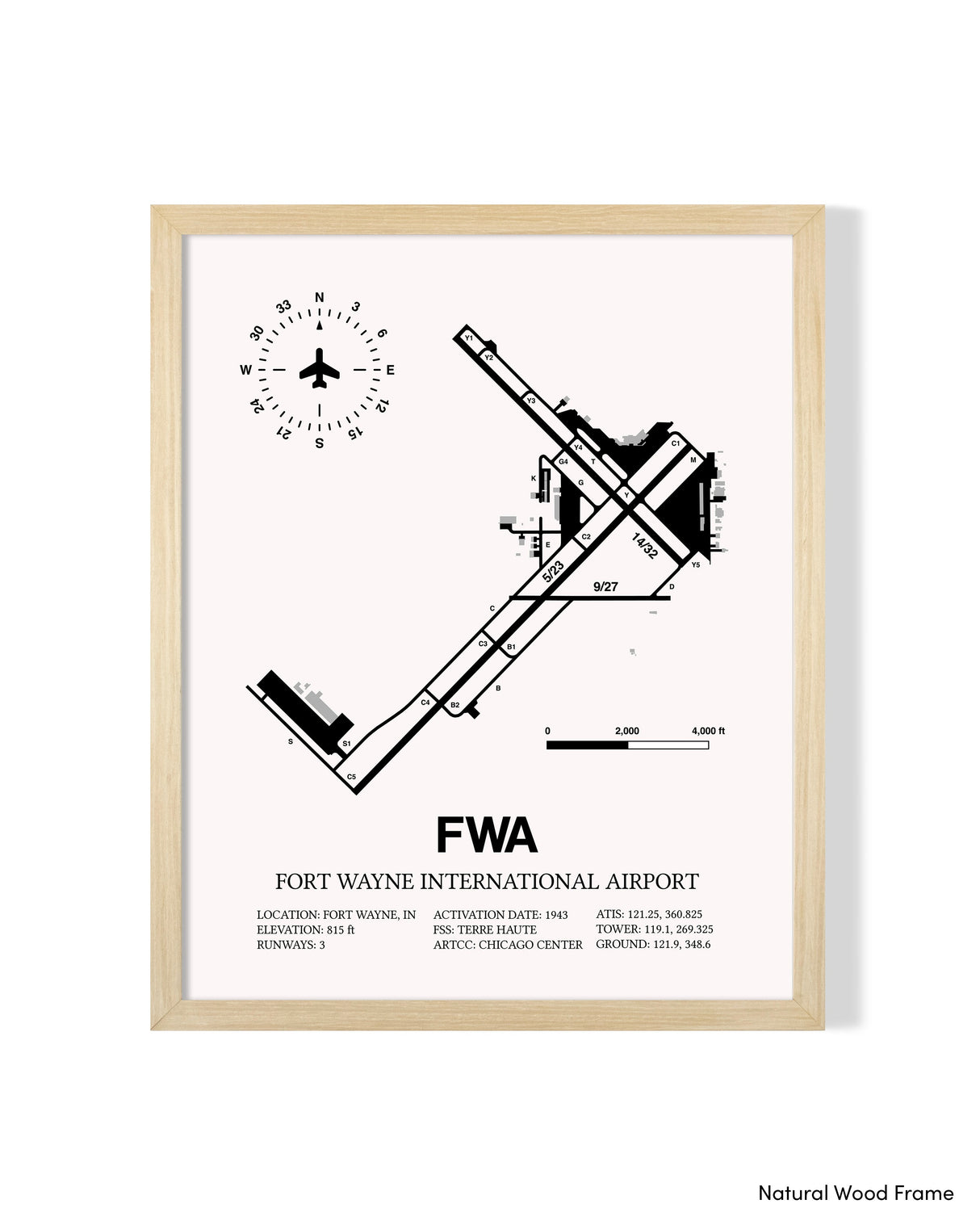 Detailed Airport Map of Fort Wayne International Airport (FWA) in White with a Natural Frame