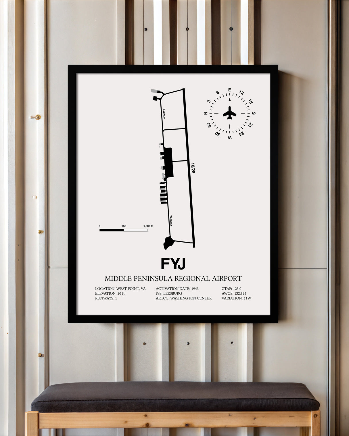 Framed Detailed Airport Map of Middle Peninsula Regional Airport (FYJ) in White with a Black Frame