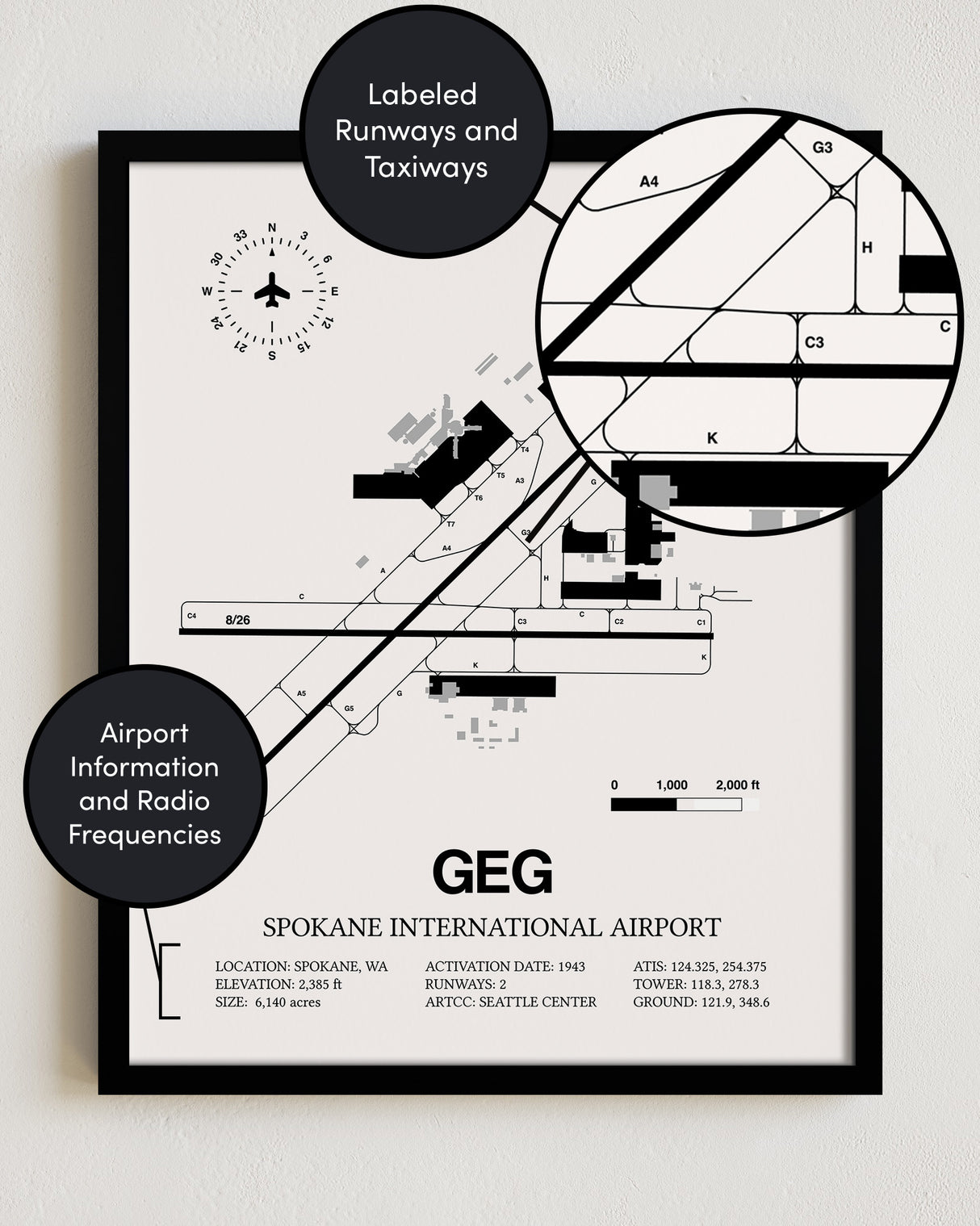 Framed Detailed Airport Map of Spokane International Airport (GEG) in White with a Black Frame