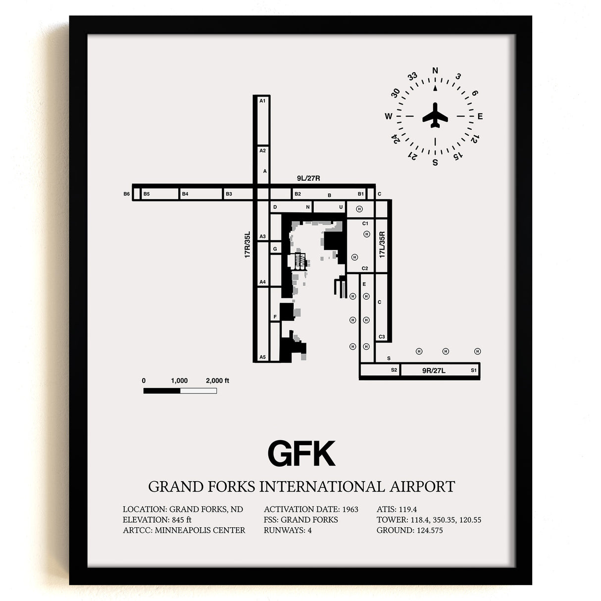 Framed Detailed Airport Map of Grand Forks International Airport (GFK) in White with a Black Frame