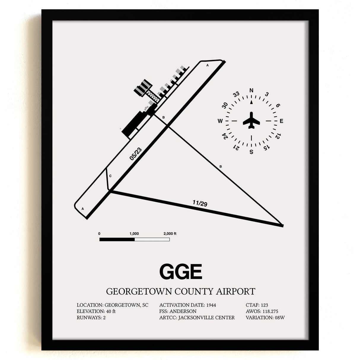 Framed Detailed Airport Map of Georgetown County Airport (GGE) in White with a Black Frame