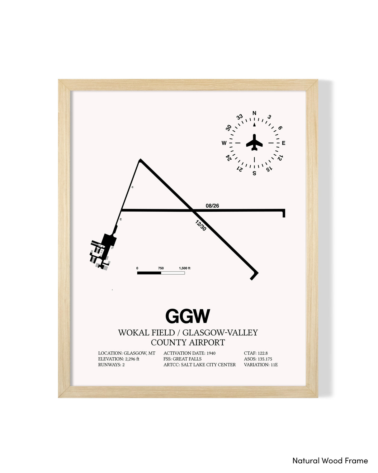Detailed Airport Map of Wokal Field / Glasgow-Valley County Airport (GGW) in White with a Natural Frame