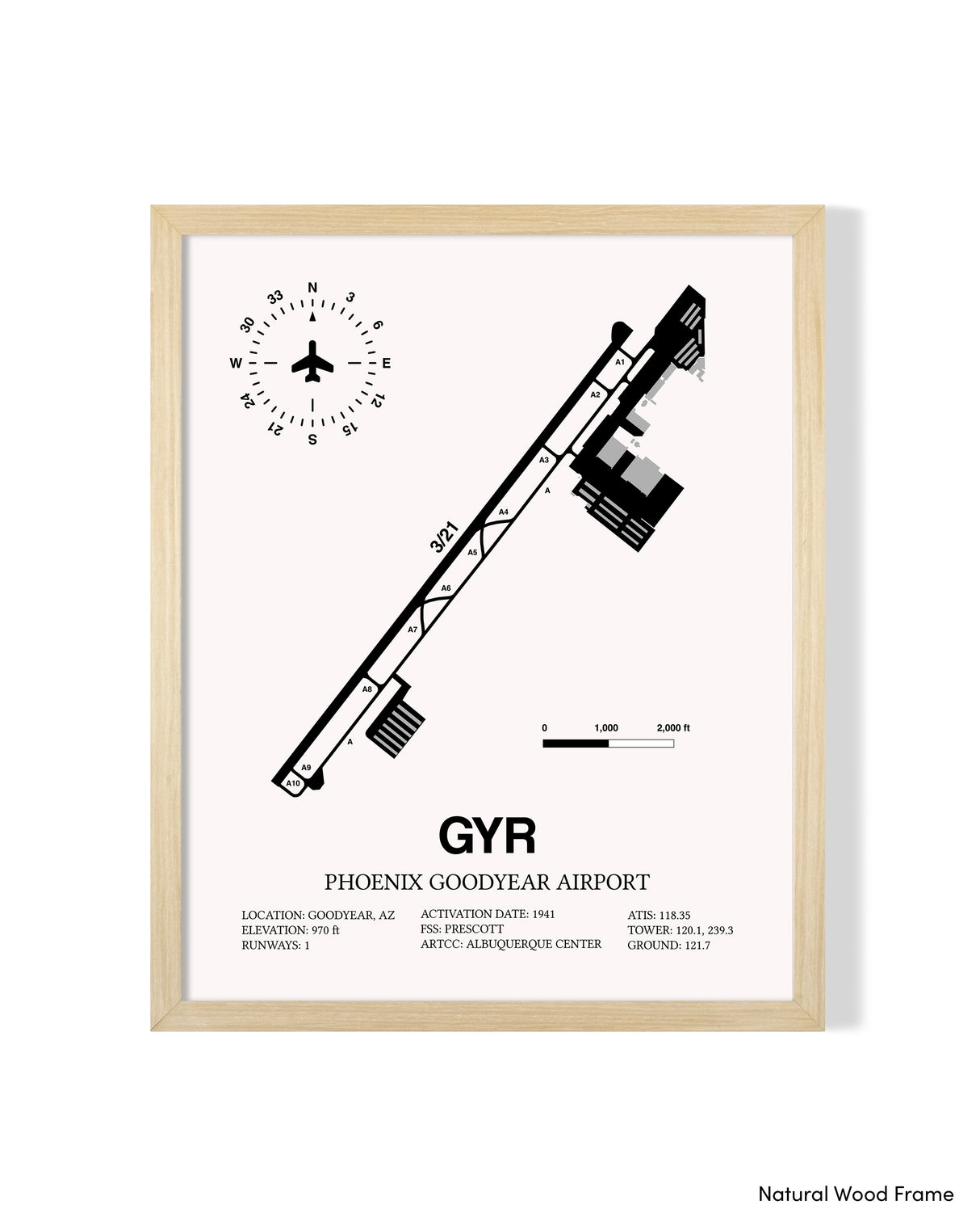 Detailed Airport Map of Phoenix Goodyear Airport (GYR) in White with a Natural Frame