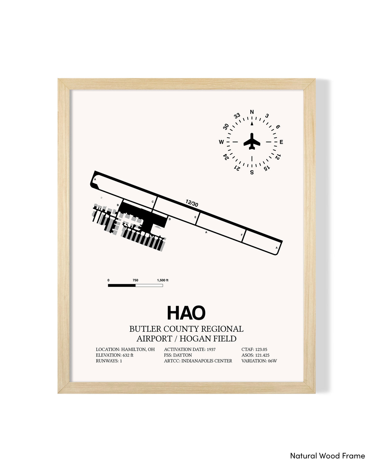 Detailed Airport Map of Butler County Regional Airport/Hogan Field (HAO) in White with a Natural Frame