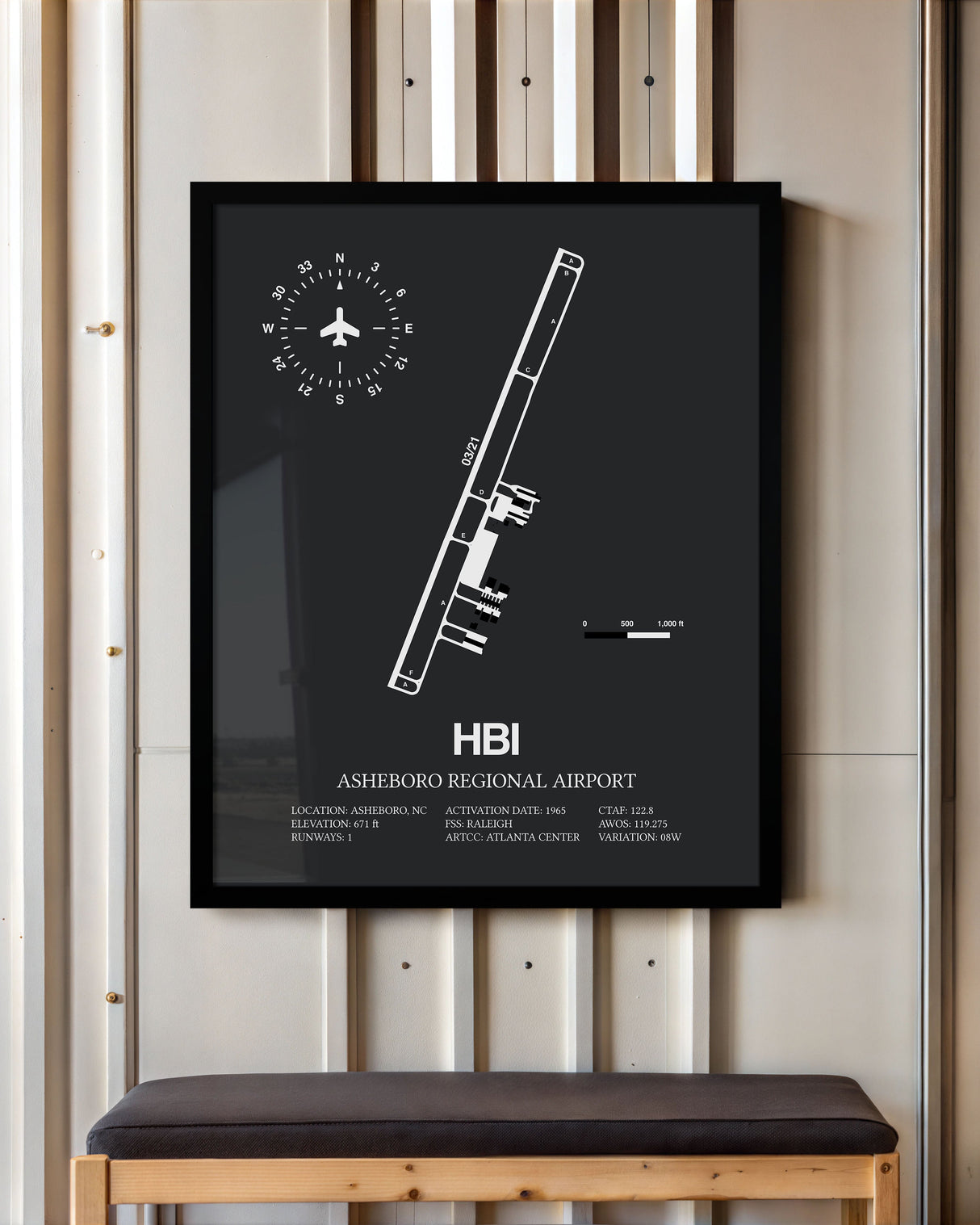 Framed Detailed Airport Map of Asheboro Regional Airport (HBI) in Gray with a Black Frame
