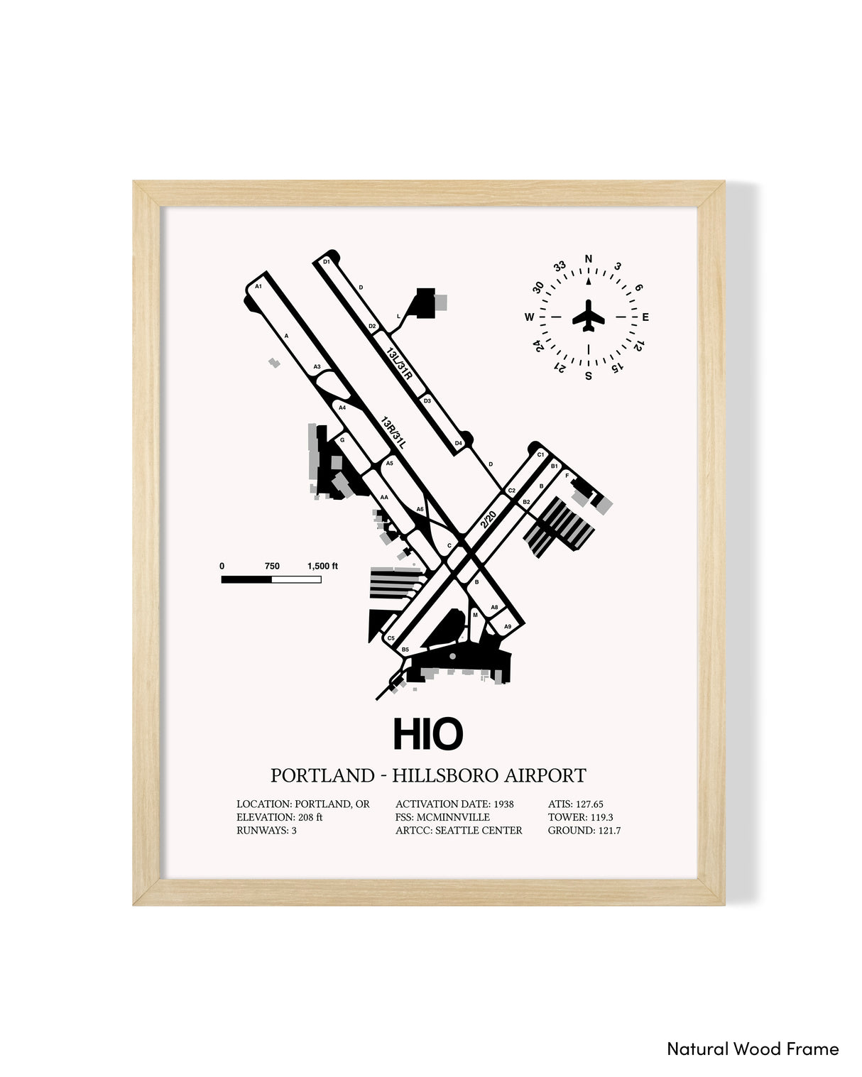 Detailed Airport Map of Portland - Hillsboro Airport (HIO) in White with a Natural Frame