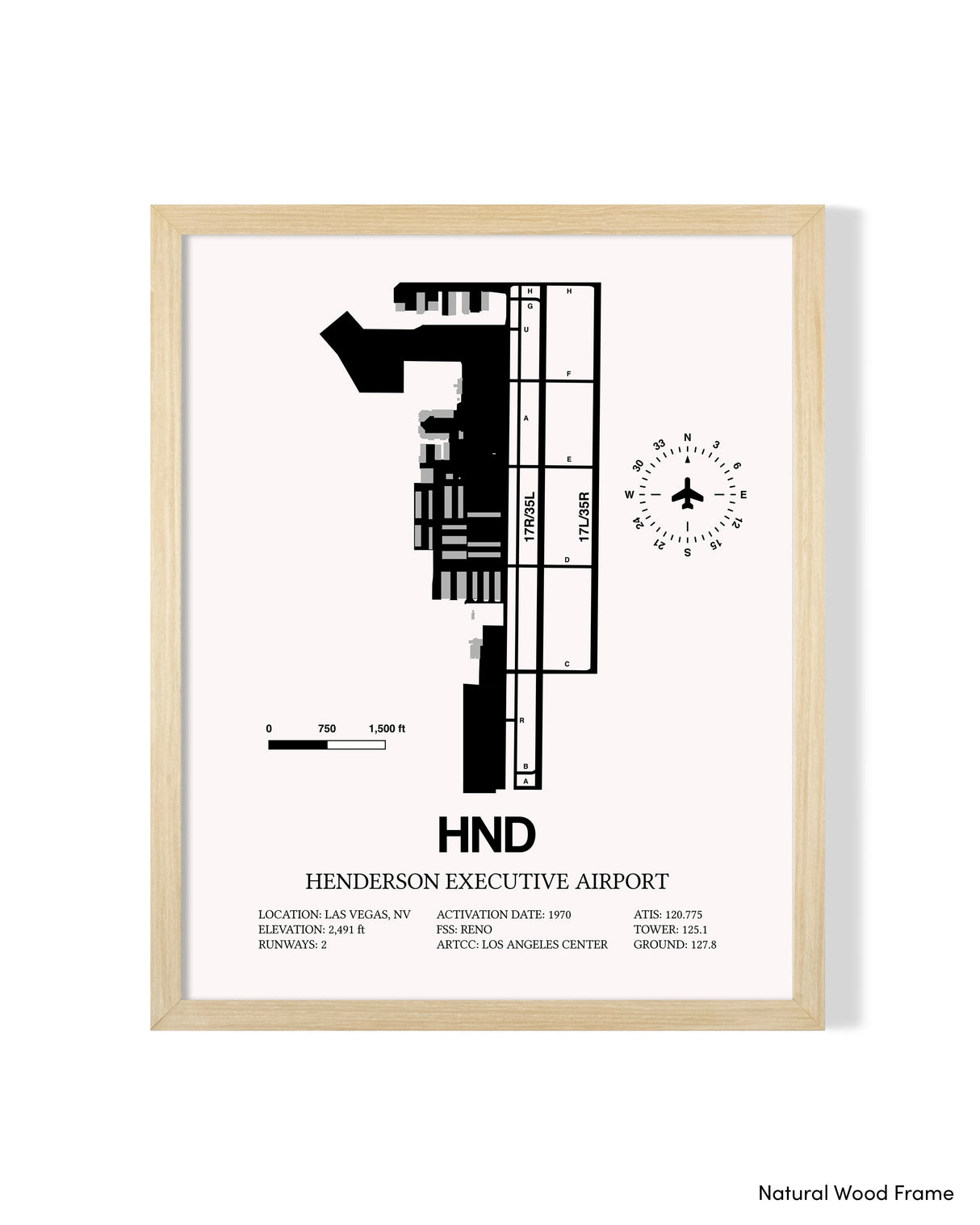Detailed Airport Map of Henderson Executive Airport (HND) in White with a Natural Frame