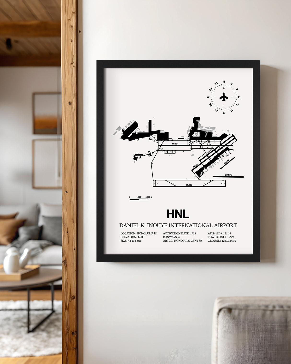 Framed Detailed Airport Map of Daniel K Inouye International Airport (HNL) in White with a Black Frame