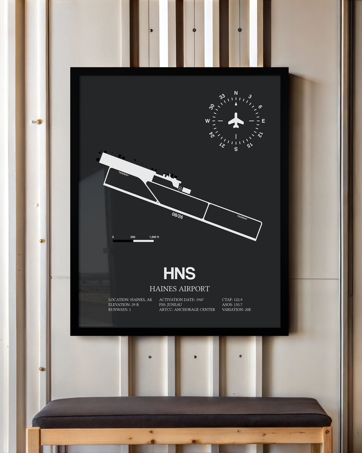 Framed Detailed Airport Map of Haines Airport (HNS) in Gray with a Black Frame