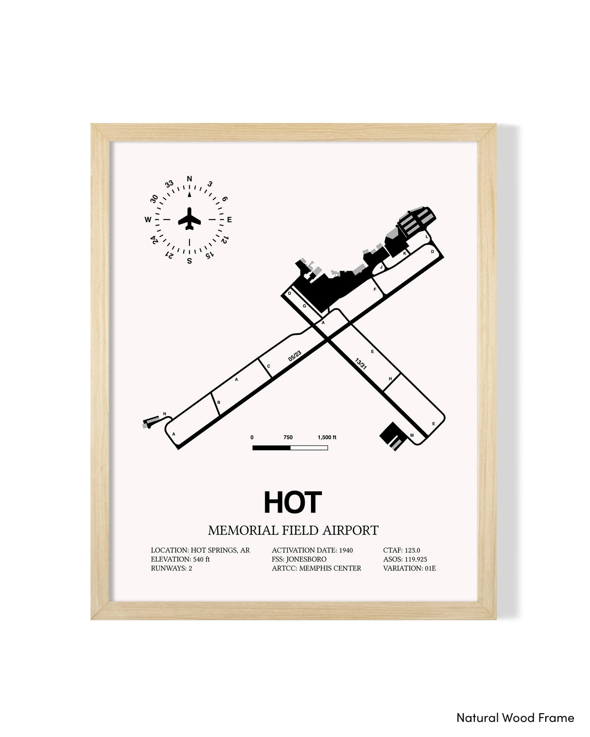 Detailed Airport Map of Memorial Field Airport (HOT) in White with a Natural Frame