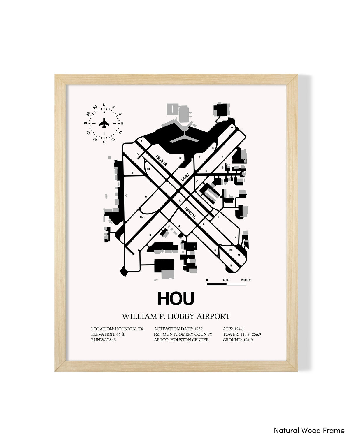 Detailed Airport Map of William P. Hobby Airport (HOU) in White with a Natural Frame