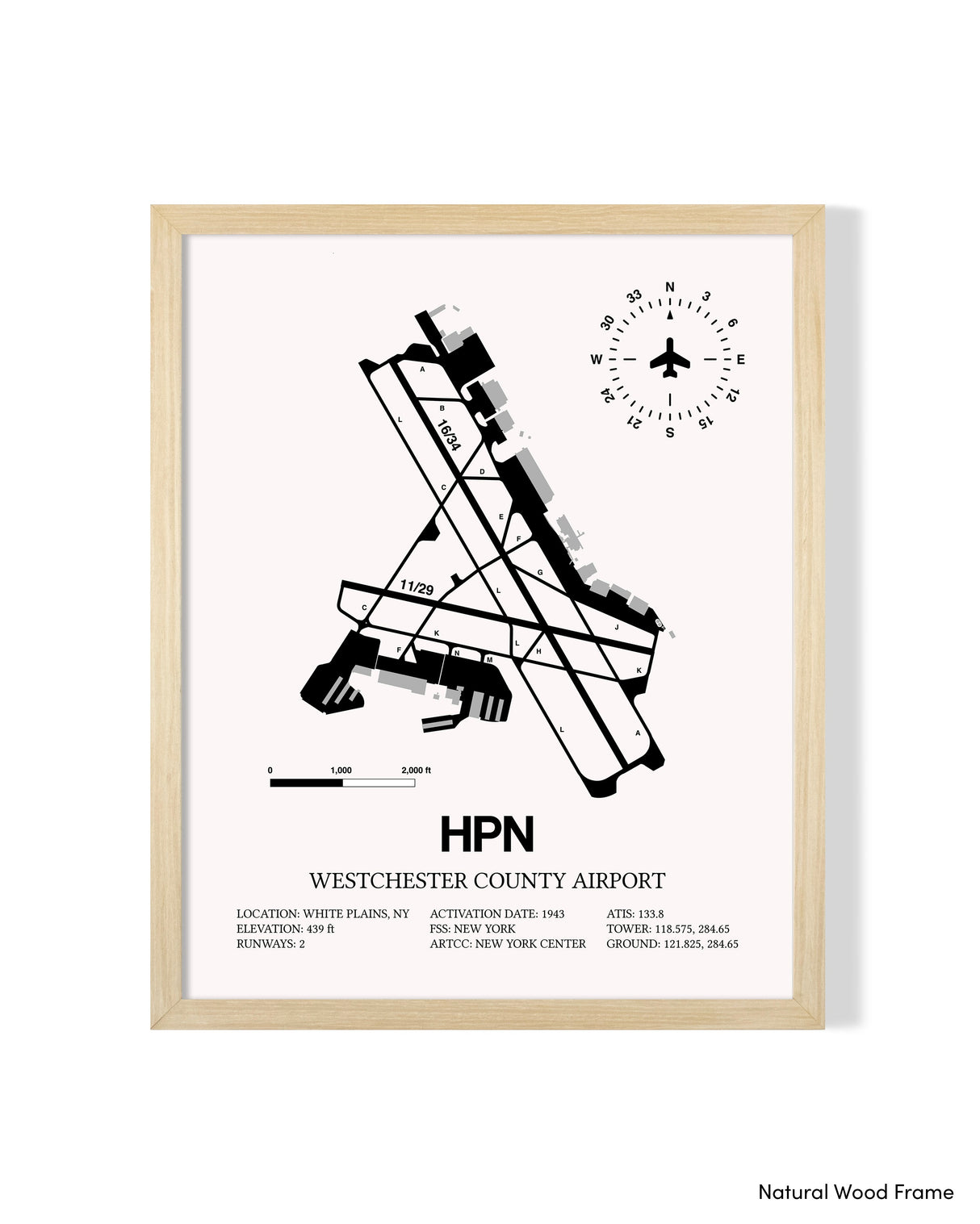 Detailed Airport Map of Westchester County Airport (HPN) in White with a Natural Frame