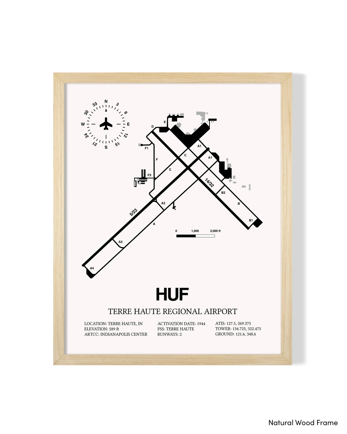Detailed Airport Map of Terre Haute Regional Airport (HUF) in White with a Natural Frame