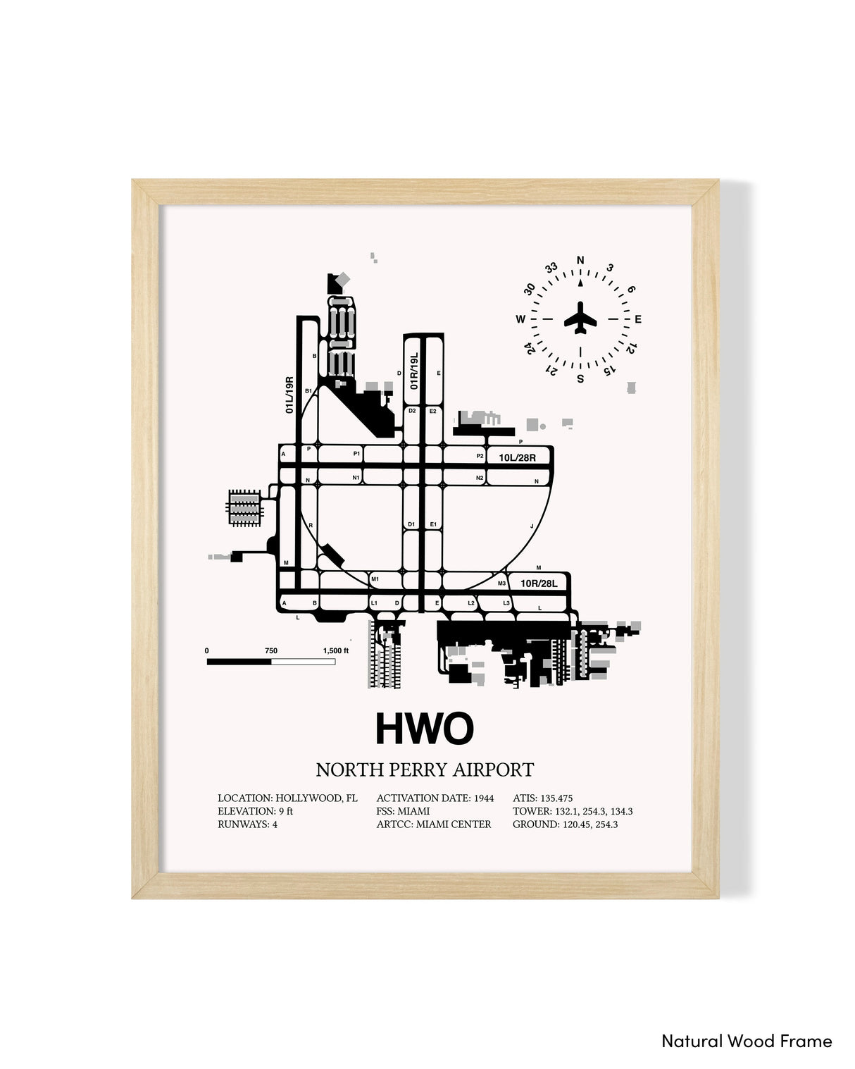 Detailed Airport Map of North Perry Airport (HWO) in White with a Natural Frame