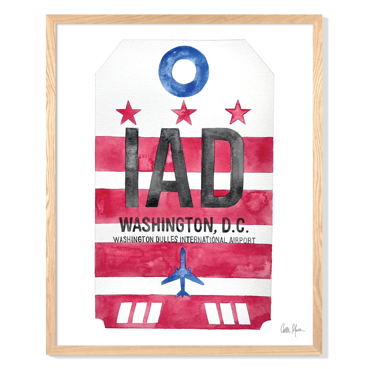 Framed Watercolor Print of Dulles International Airport (IAD) with an Oak Frame