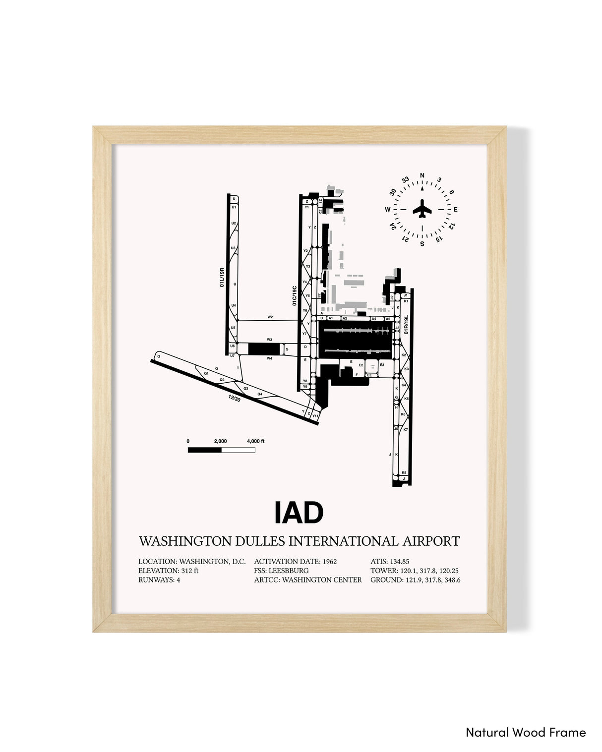 Detailed Airport Map of Washington Dulles International Airport (IAD) in White with a Natural Frame