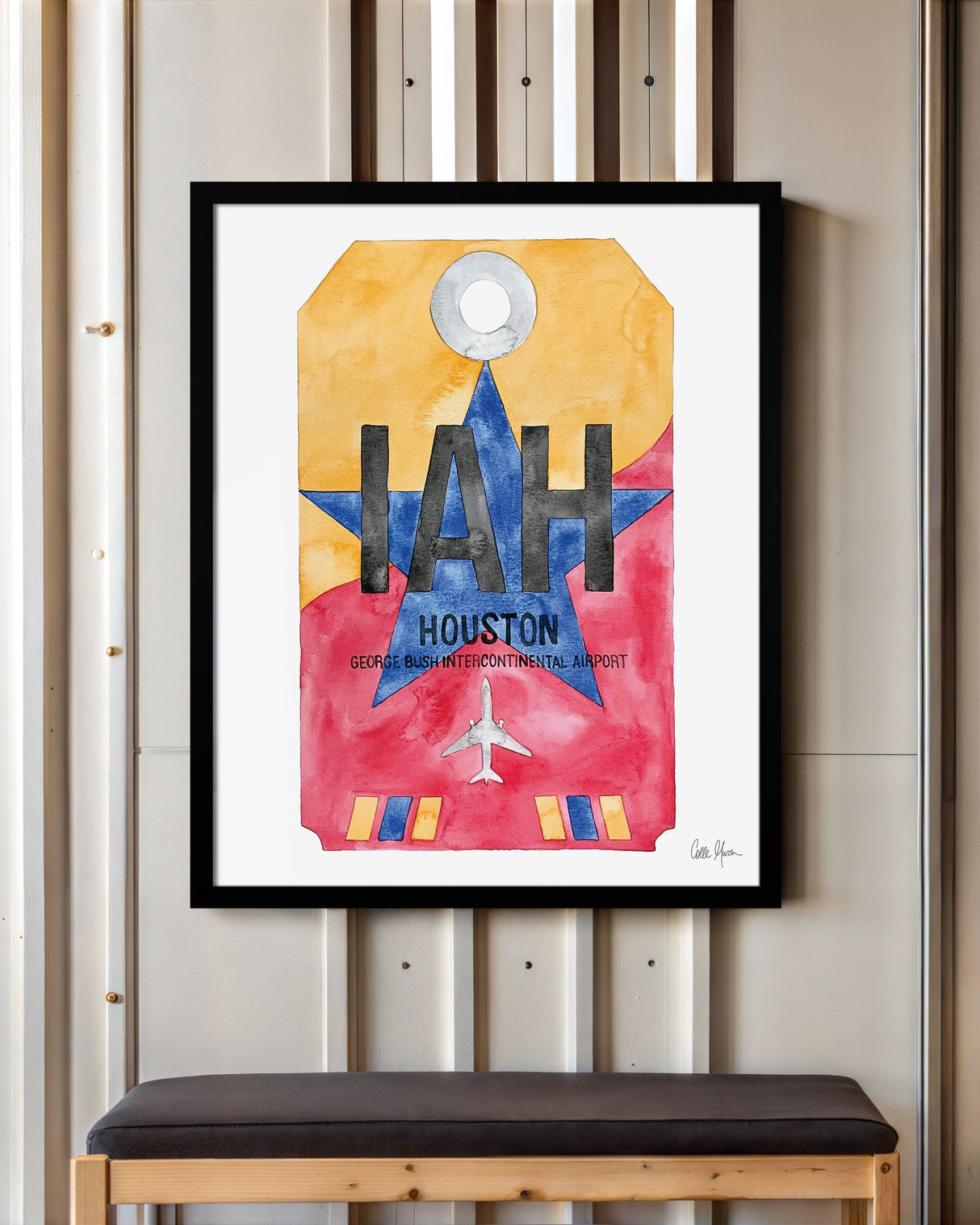 Framed Watercolor Print of George Bush Intercontinental Airport (IAH) with a Black Frame