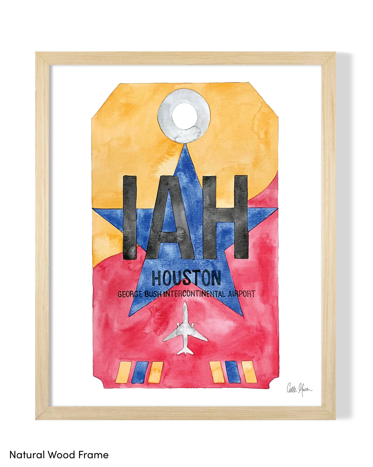 Framed Watercolor Print of George Bush Intercontinental Airport (IAH) with a Natural Wood Frame