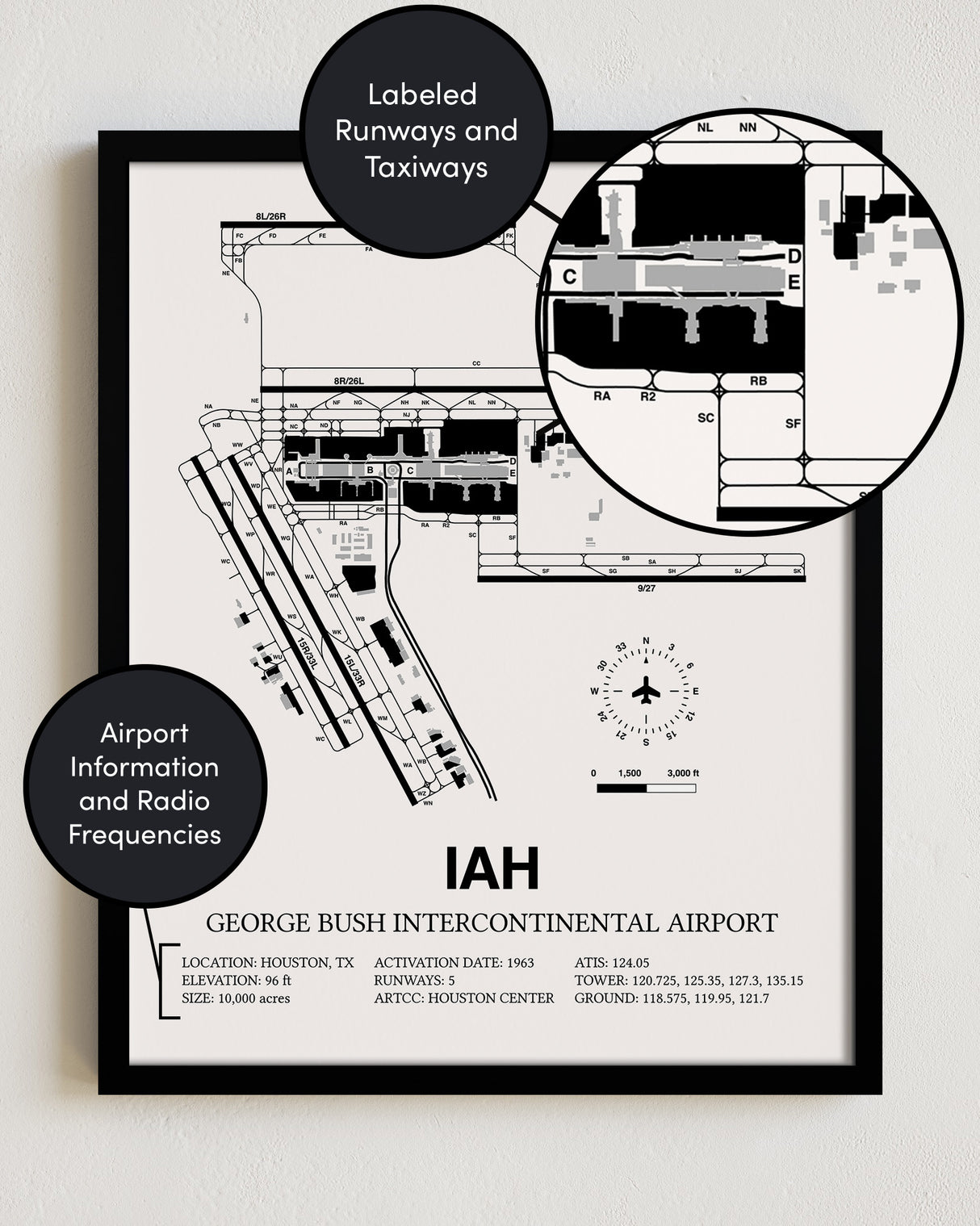 Framed Detailed Airport Map of George Bush Intercontinental Houston Airport (IAH) in White with a Black Frame