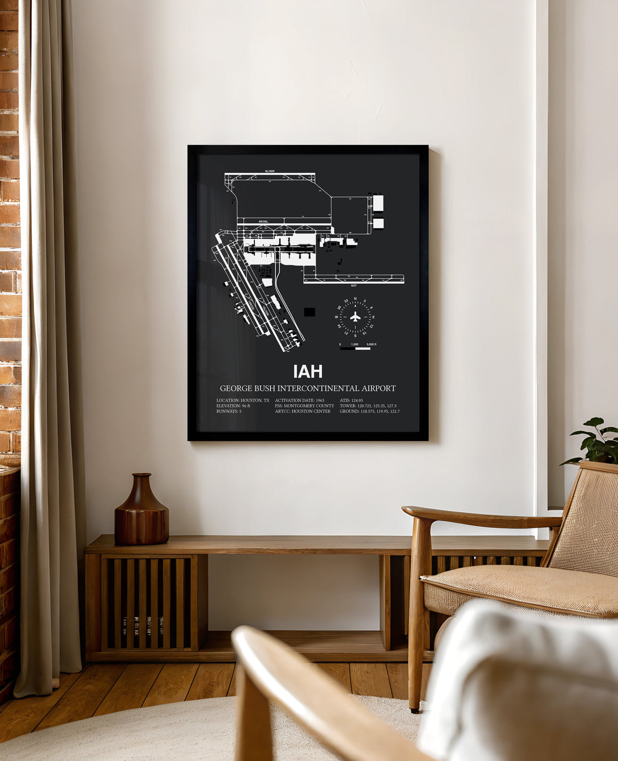 Framed Detailed Airport Map of George Bush Intercontinental Houston Airport (IAH) in Gray with a Black Frame